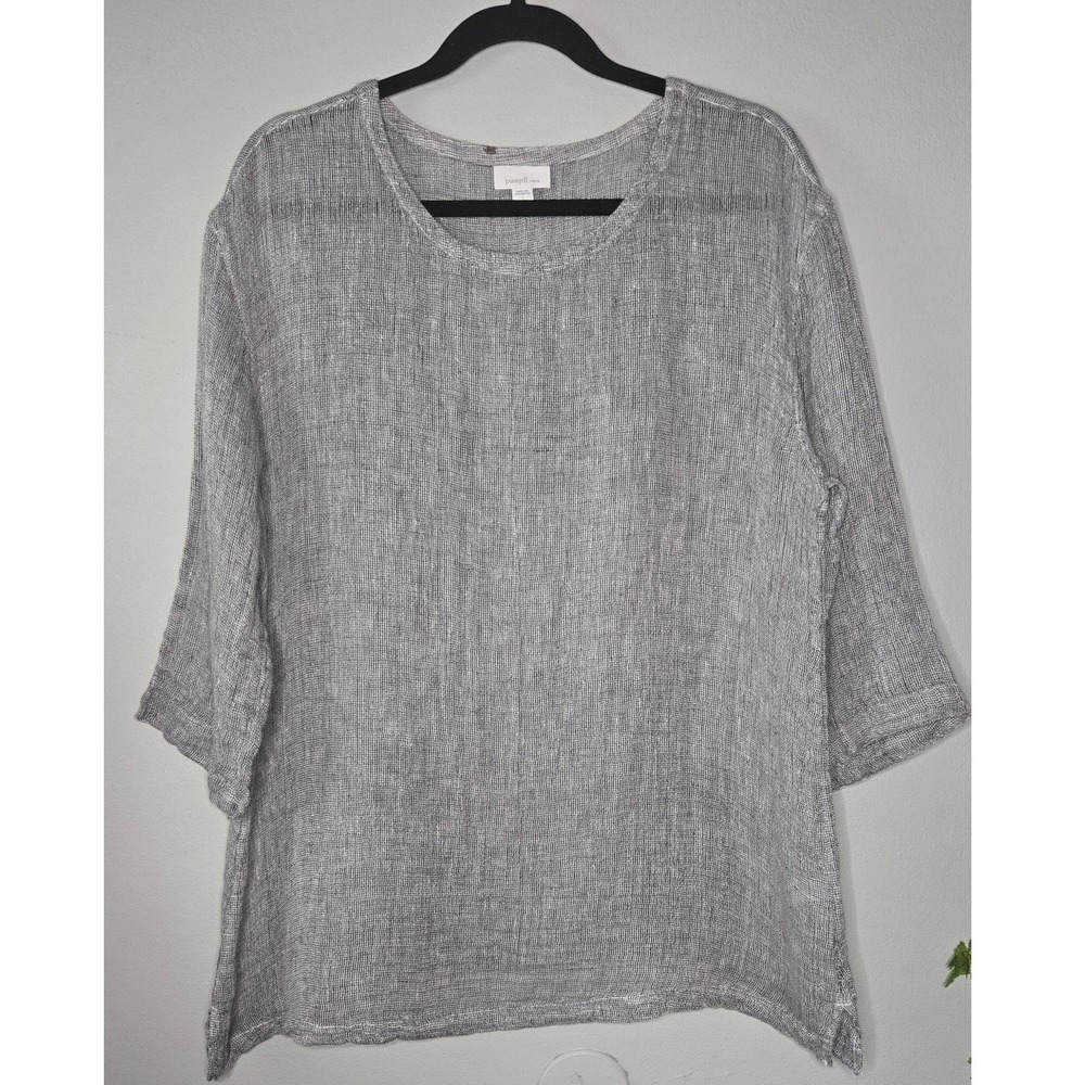 PureJill Linen Tunic Top Gray Textured Weave Long Sleeve Relaxed Fit Tall Large
